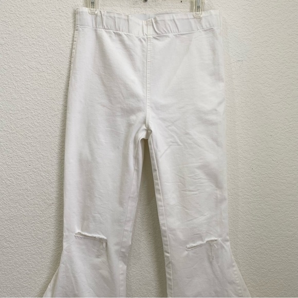 NEWBURY KUSTOM White Denim Raw Hem High Rise Wide Leg Flare Pull On Jeans Size L - Picture 6 of 13